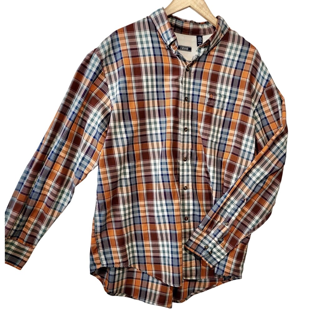 Izod Men's XL Brown Plaid Long Sleeve Button-Down Shirt‎ Logo